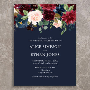 Invitation Carte Postale Mariage Floral Bohème Économique Bleu Nuit Bourgog