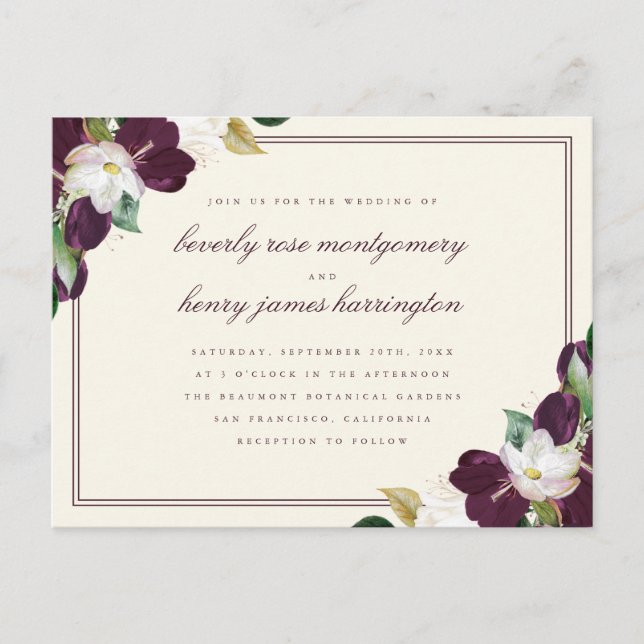 Invitation Carte Postale Mariage floral chic élégant violet profond et ivoi (Devant)