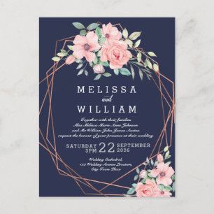 Invitation Carte Postale Mariage floral de cuivre géométrique de la marine