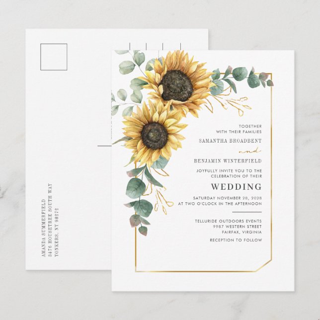 Invitation Carte Postale Mariage floral de tournesol géométrique Eucalyptus (Devant / Derrière)