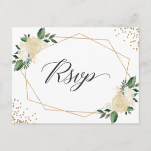 Invitation Carte Postale Mariage floral d'or vert géométrique moderne RSVP