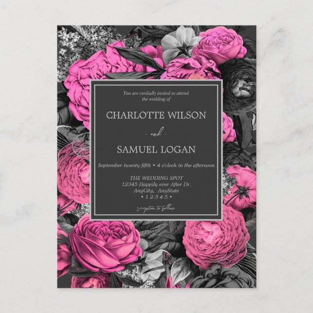 Invitation Carte Postale Mariage Floral Noir et Rose | Moderne et Chic Fleu (Devant)