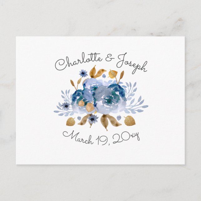 Invitation Carte Postale Mariage Floral Or Bleu (Devant)