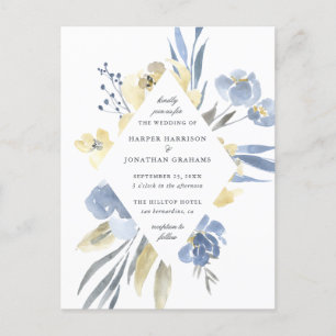Invitation Carte Postale Mariage floral poussiéreux d'aquarelle bleue et