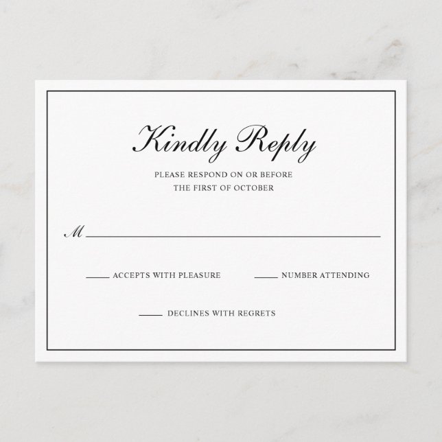 Invitation Carte Postale Mariage formel classique noir et blanc RSVP (Devant)