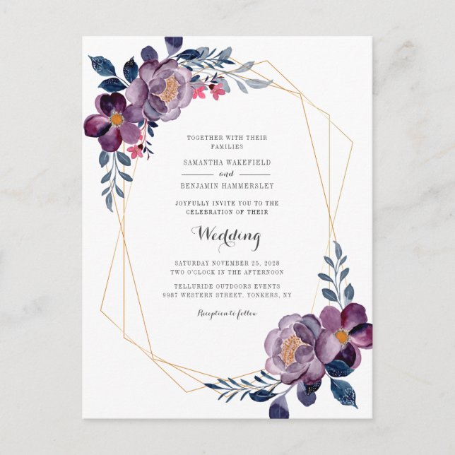Invitation Carte Postale Mariage Géométrique Violet Écriture Florale (Devant)