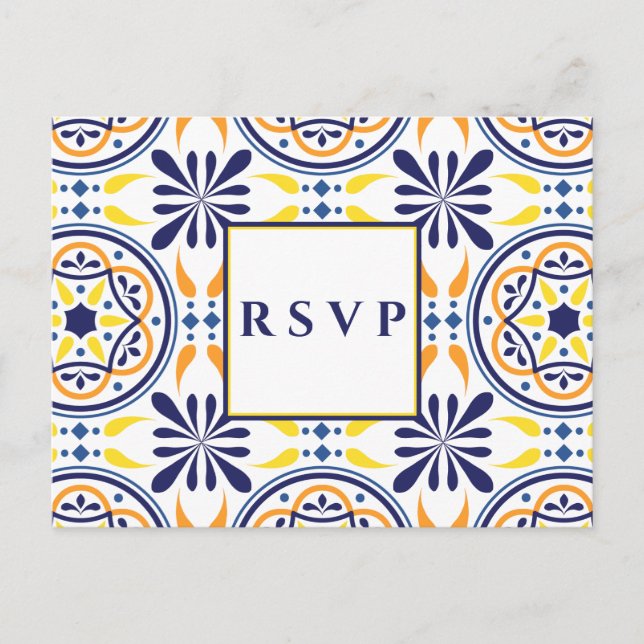 Invitation Carte Postale Mariage maritime en tuile jaune espagnol RSVP REPA (Devant)