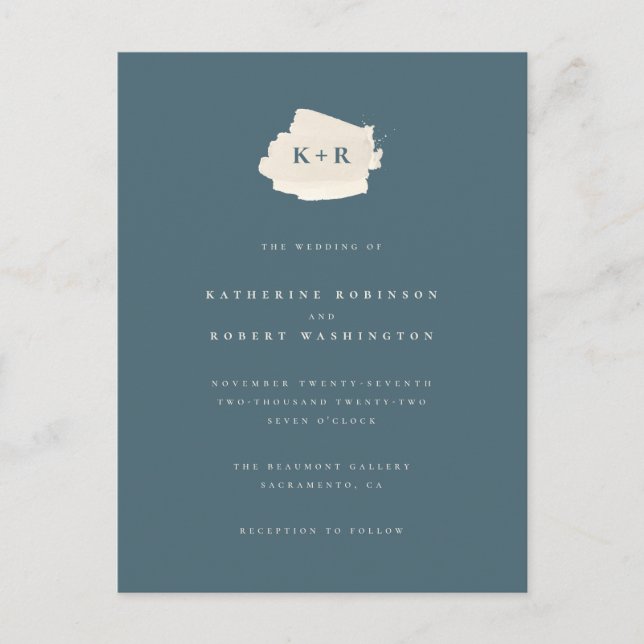 Invitation Carte Postale Mariage minimal d'aquarelle bleu et crème (Devant)