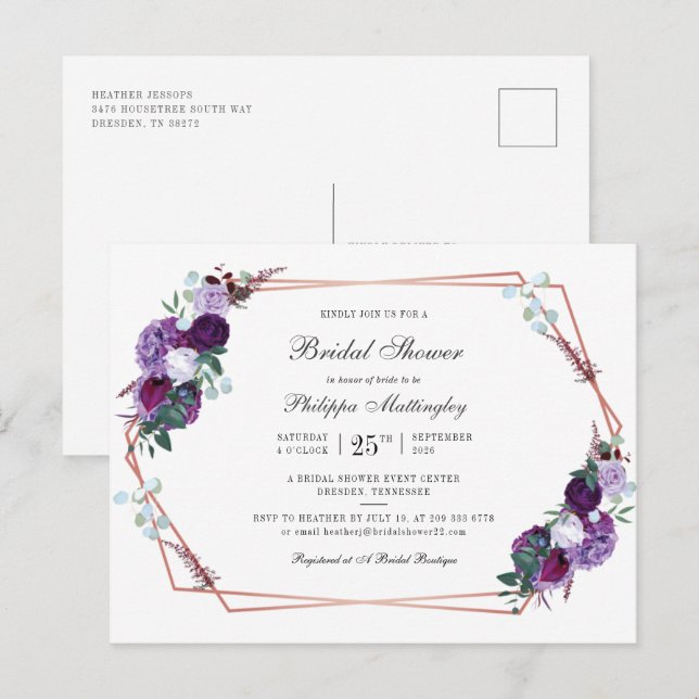 Invitation Carte Postale Mariage Moderne Floral Script Géographique (Devant / Derrière)