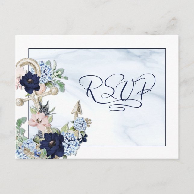 Invitation Carte Postale Mariage nautique Floral Ancre Elegant RSVP Invita (Devant)