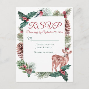 Invitation Carte Postale Mariage Noël Floral Cerf RSVP Rouge Hiver