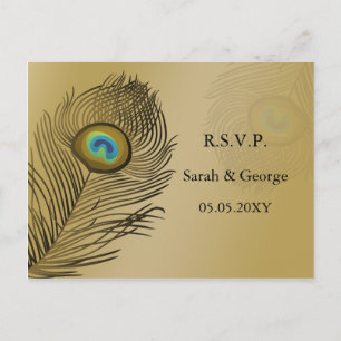 Invitation Carte Postale mariage or paon rsvp