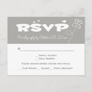 Invitation Carte Postale Mariage Papillon & Cœurs RSVP Gris & Blanc