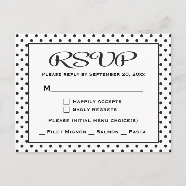Invitation Carte Postale Mariage/Parti Pois RSVP noir et blanc (Devant)