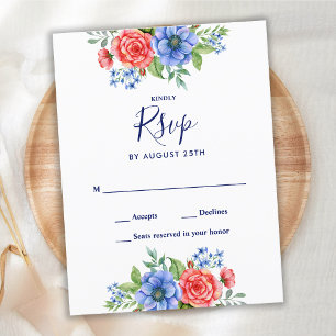 Invitation Carte Postale Mariage Patriotique Floral Rouge Blanc Bleu RSVP