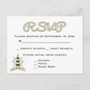 Invitation Carte Postale Mariage Phare et Roue de Bateau Tan RSVP Nautique