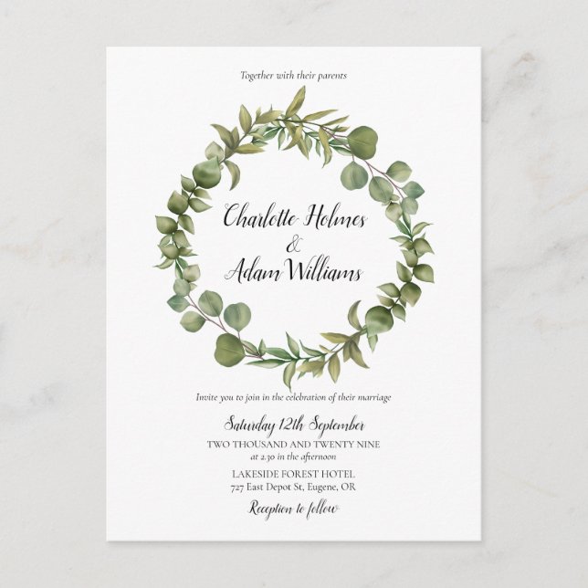 Invitation Carte Postale Mariage photo de feuillage de verdure d'eucalyptus (Devant)