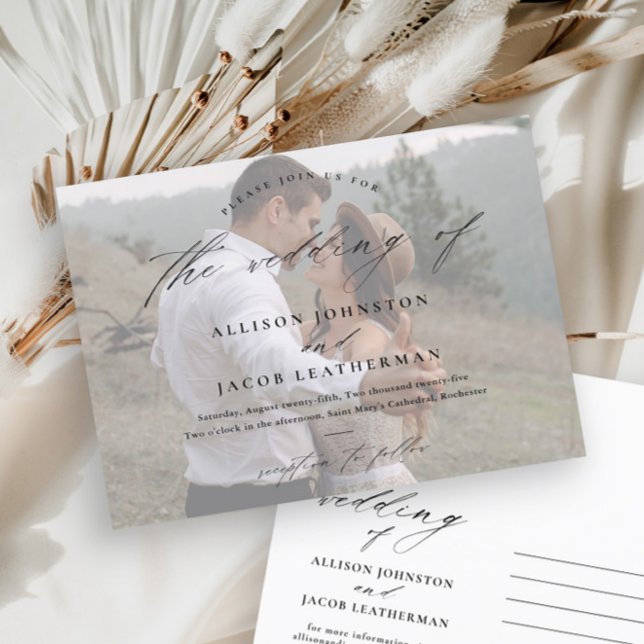 Invitation Carte Postale Mariage photo écriture élégante  (Modern handwritten script photo wedding invitation postcard.)