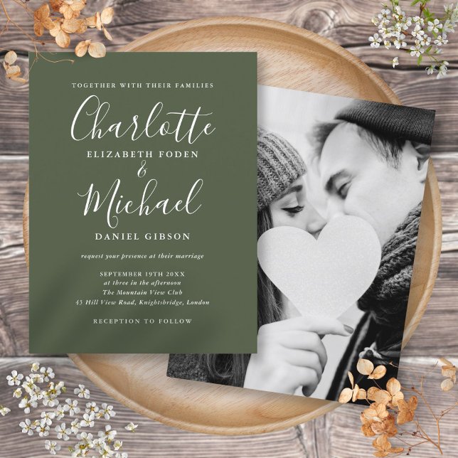 Invitation Carte Postale Mariage photo Olive Green Signature Script (Olive Green Signature Script Photo Wedding Invitation Postcard)