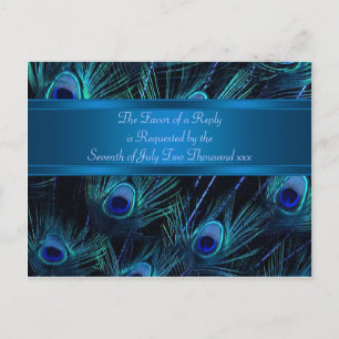 Invitation Carte Postale Mariage Plumes de Paon Royal Bleu Violet