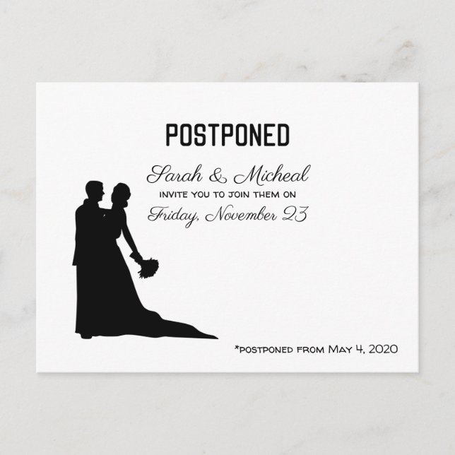 Invitation Carte Postale Mariage reporté Date silhouette noir et blanc (Devant)