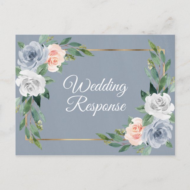 Invitation Carte Postale Mariage rose rose bleu Dusty Gold Blush RSVP (Devant)