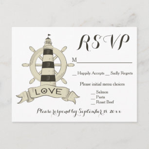 Invitation Carte Postale Mariage roue phare RSVP noir nautique bronzé