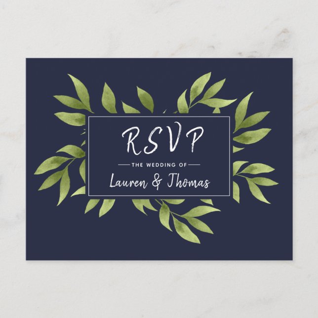 Invitation Carte Postale Mariage RSVP Aquarelle Willow Wreath Marine Blue (Devant)