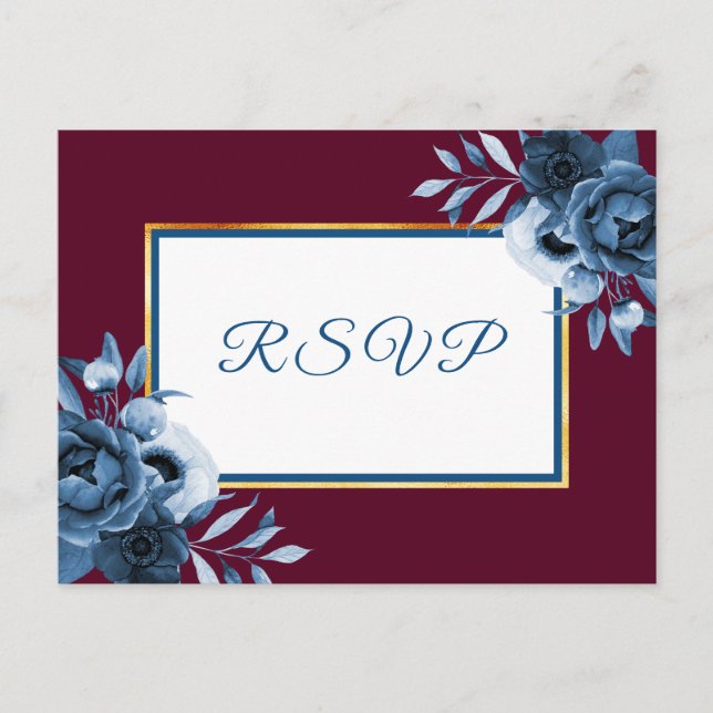 Invitation Carte Postale Mariage RSVP bleu marine floral bordeaux blanc (Devant)
