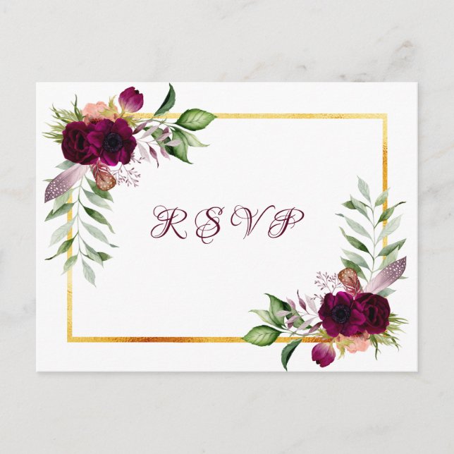 Invitation Carte Postale Mariage RSVP flores blancs bordeaux (Devant)