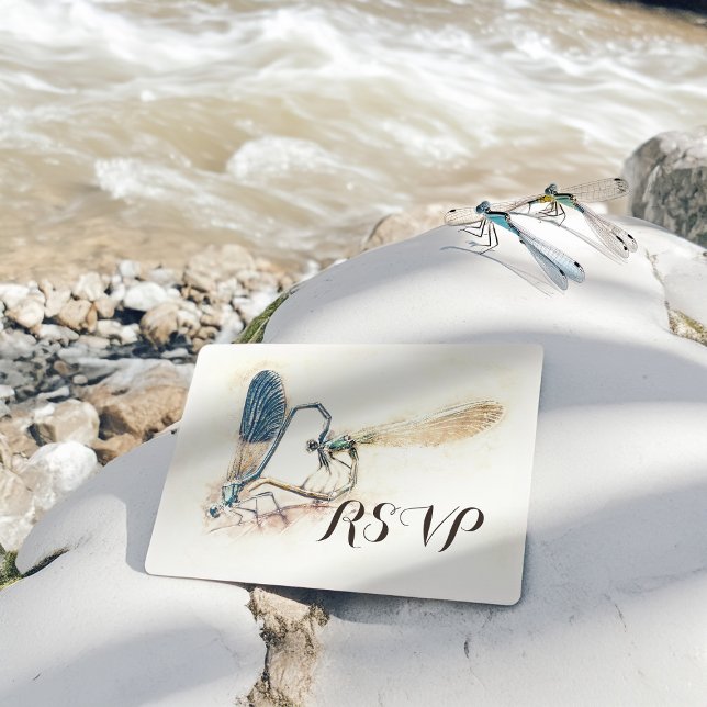 Invitation Carte Postale Mariage RSVP Répondre Dragonfly Mating Love Heart (Créateur téléchargé)
