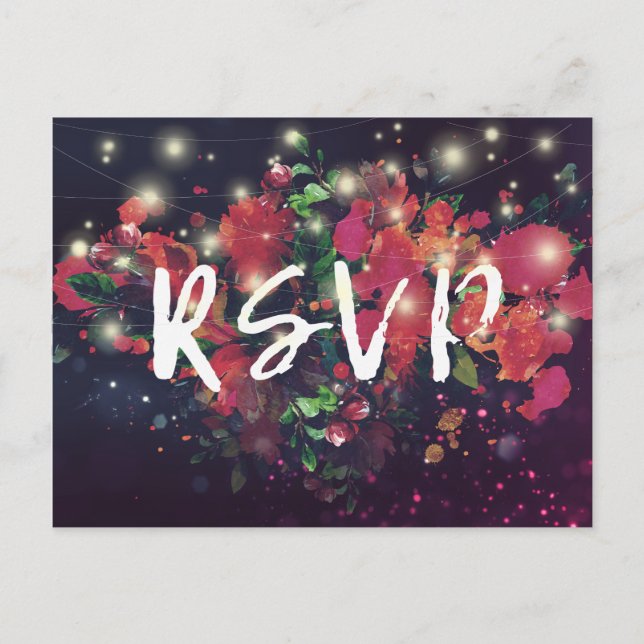 Invitation Carte Postale Mariage RSVP répondre Floral String Light Gold Scr (Devant)