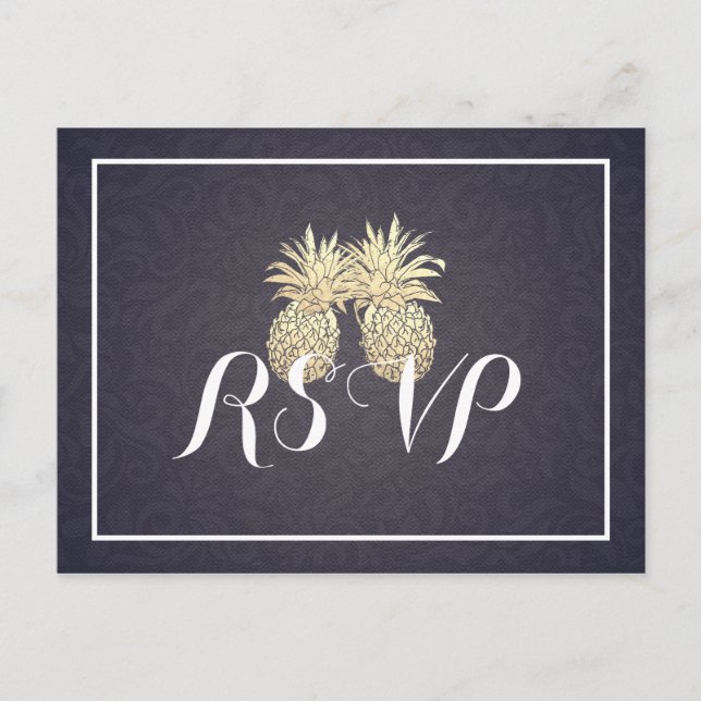 Invitation Carte Postale Mariage RSVP répondre Gold Ananas Couple Marine Bl (Devant)