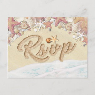 Invitation Carte Postale Mariage RSVP Summer Sandy Beach Starfish Seashell