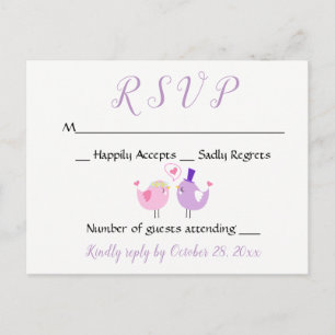 Invitation Carte Postale Mariage RSVP violet Lovebird Mariage Lavande rose