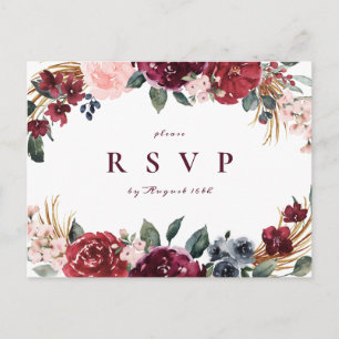 Invitation Carte Postale Mariage rustique à fleurs de boho de Bourgogne RSV