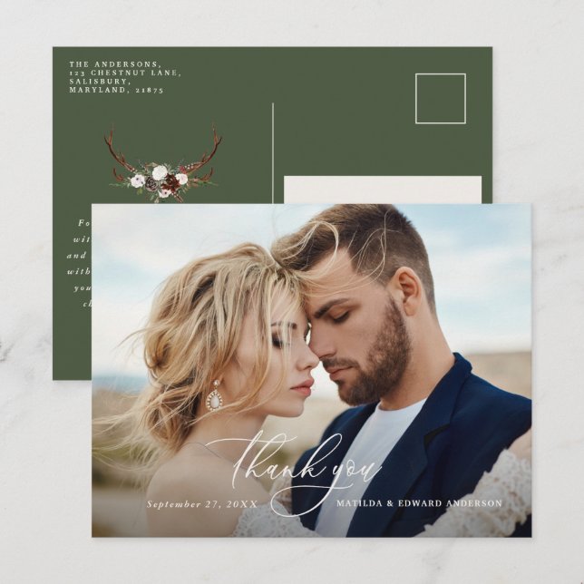 Invitation Carte Postale Mariage rustique élégant merci botanique (Devant / Derrière)