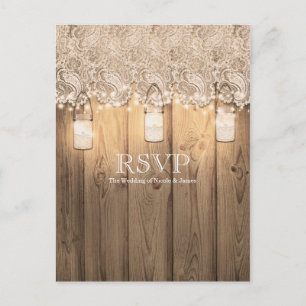 Invitation Carte Postale Mariage Rustique en Bois avec Dentelle et Pot en V