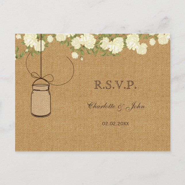 Invitation Carte Postale mariage rustique rose d'ivoire burlap RSVP (Devant)