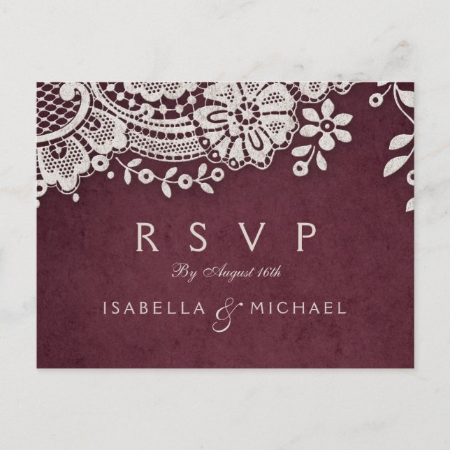 Invitation Carte Postale Mariage rustique RSVP Bourgogne élégante dentelle  (Devant)