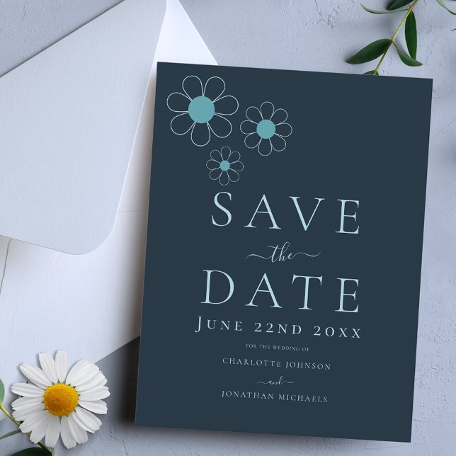 Invitation Carte Postale Mariage simple bleu moderne (Minimalist daisy stylish navy blue wedding save the date invitation )
