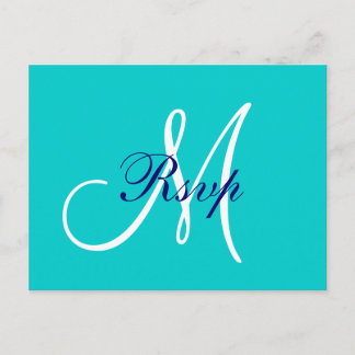 Invitation Carte Postale Mariage simple Turquoise bleu marine Monogramme RS