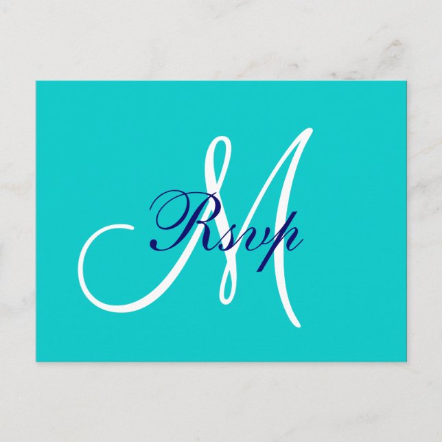 Invitation Carte Postale Mariage simple Turquoise bleu marine Monogramme RS (Devant)