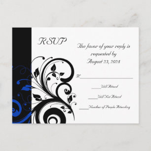 Invitation Carte Postale Mariage Tourbillon Noir/Blanc/Bleu Cobalt