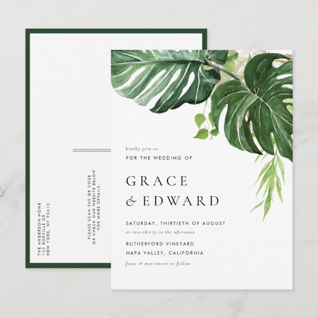 Invitation Carte Postale Mariage tropical Monstera Code QR aquarelle (Devant / Derrière)