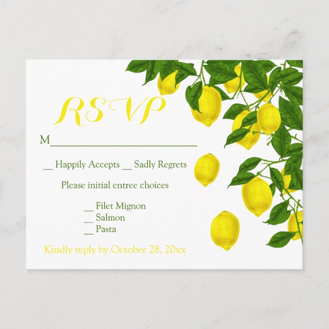 Invitation Carte Postale Mariage vert citrons d'aquarelle jaune RSVP (Devant)