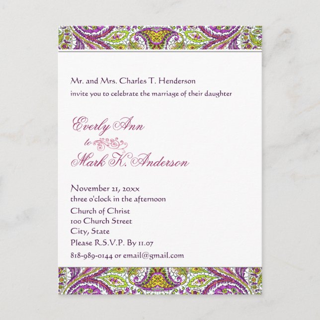 Invitation Carte Postale Mariage vert et rose (Devant)