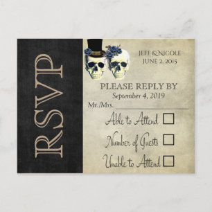 Invitation Carte Postale Mariée & Groom Skull Goth Mariage rustique RSVP