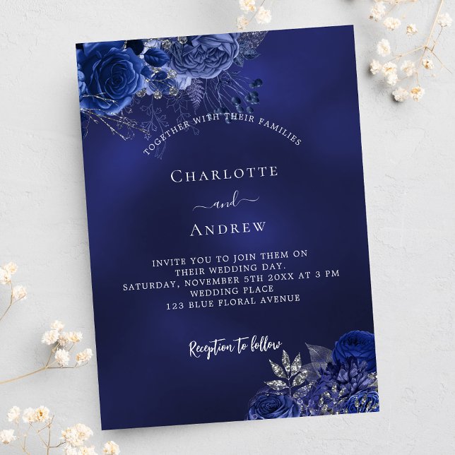 Invitation Carte Postale Marine bleu fleurs élégant mariage (Créateur téléchargé)