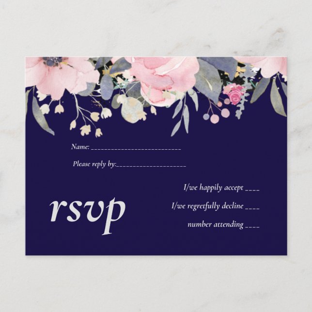 Invitation Carte Postale Marine bleu rose Floral moderne Budget Mariage (Devant)